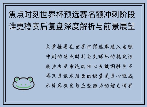 焦点时刻世界杯预选赛名额冲刺阶段谁更稳赛后复盘深度解析与前景展望